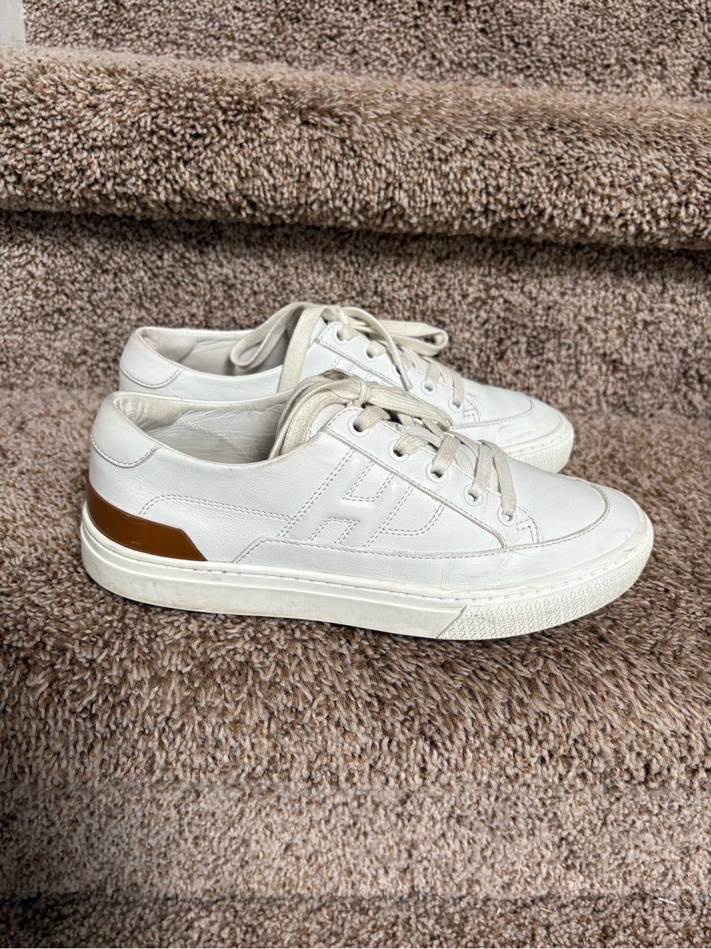 Hermes Paris Women’s White Leather Casual Sneakers with Brown Accent